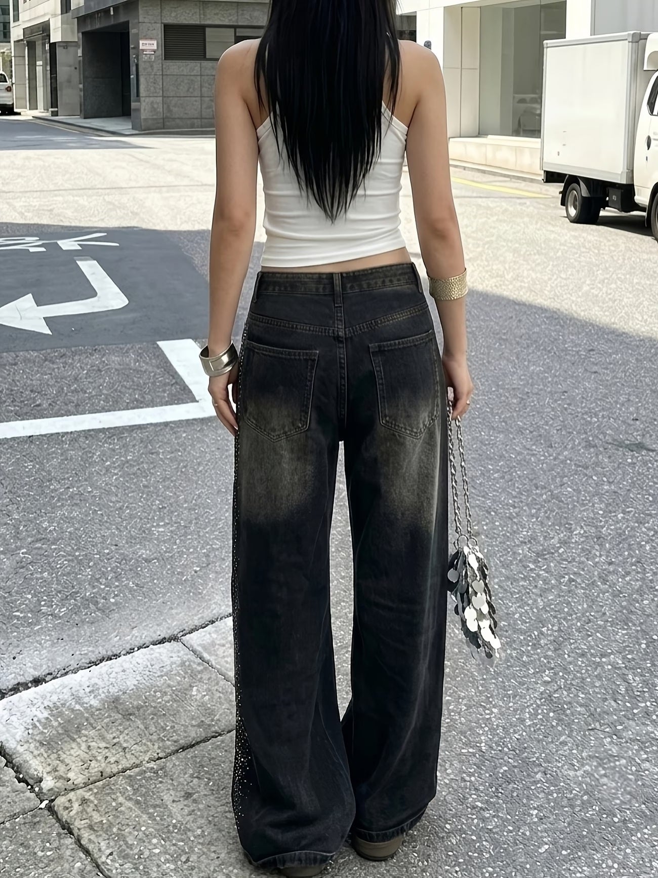 CM-BT085517 Women Casual Seoul Style Mid-Rise Rhinestone Wide-Leg Denim Pants - Black