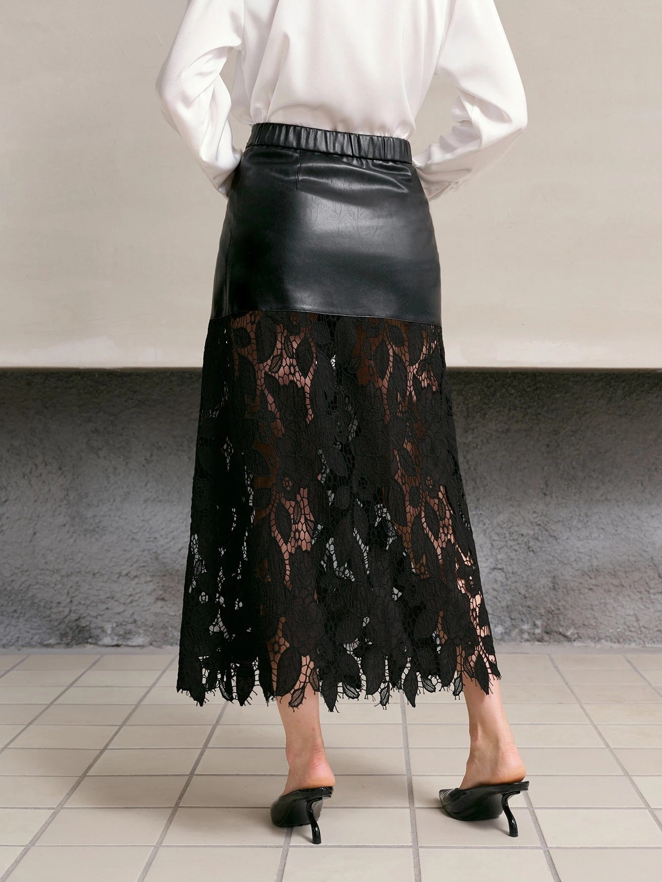 CM-BS041093 Women Elegant Seoul Style Mid Waist PU Patchwork Sheer Guipure Lace Long Skirt - Black