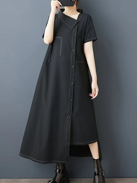 CM-DT599919 Women Elegant Seoul Style Asymmetrical Hem Long Sleeve Loose Fit Shirt Dress - Black