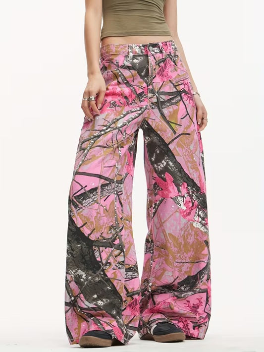 CM-BT141791 Women Casual Seoul Style Mid Waist Graffiti Maple Leaf Print Loose Wide Leg Jeans