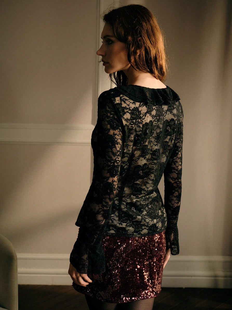 CM-TS371019 Women Elegant Seoul Style V-neck Long Sleeve Ruffle Lace Blouse - Black
