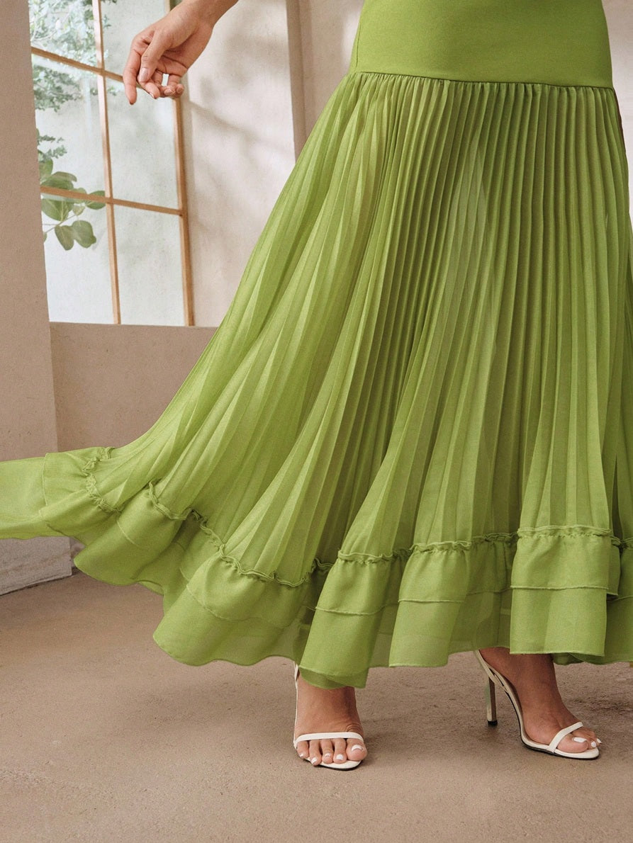 CM-BS352823 Women Elegant Seoul Style Mid-Waist Knitted Bodycon Pleated Fishtail Hem Skirt - Green