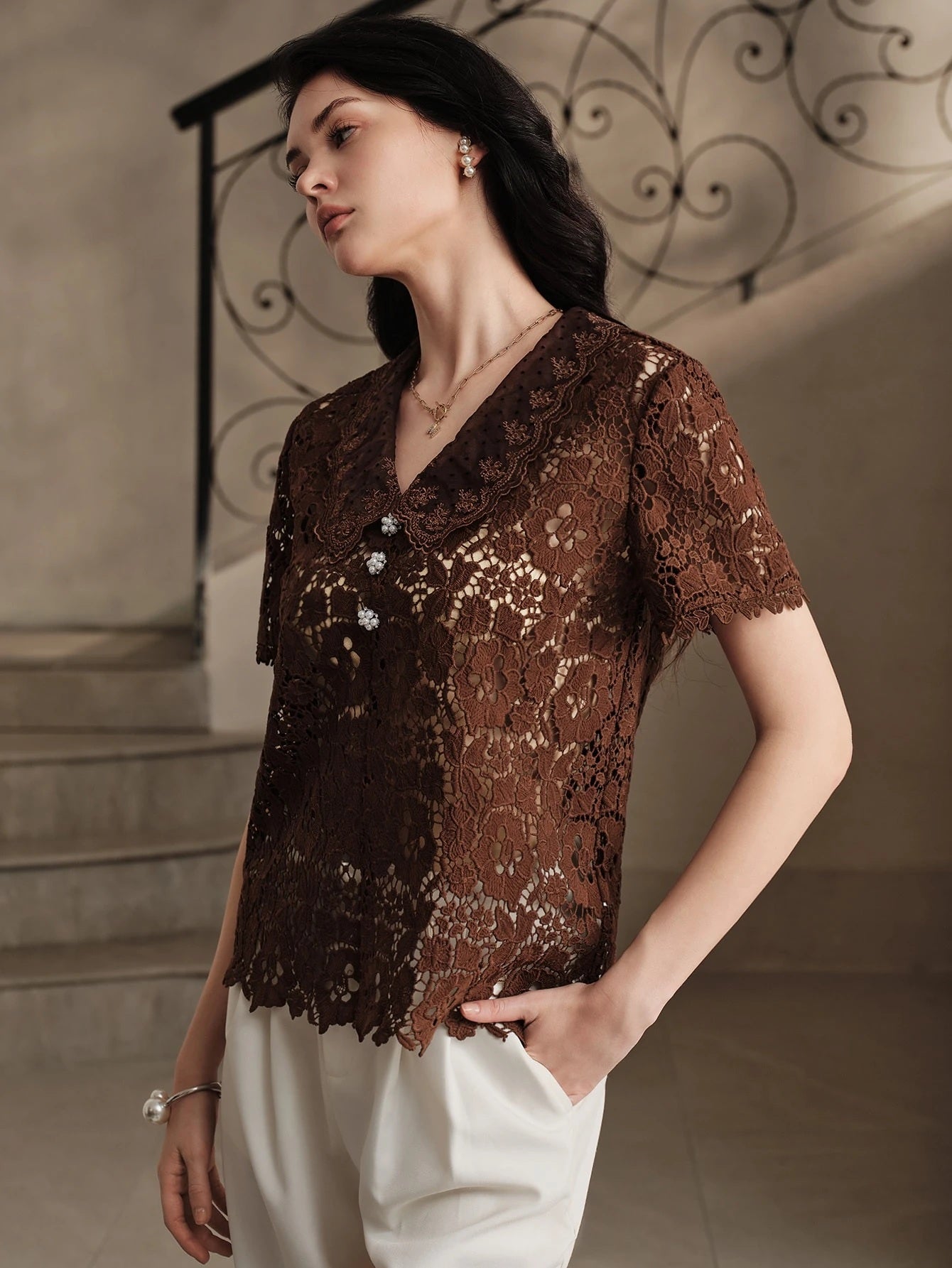 CM-TS966908 Women Elegant Seoul Style Hollow Lace Fabric Embroidery V-Neckline Short Sleeve Top - Coffee Brown