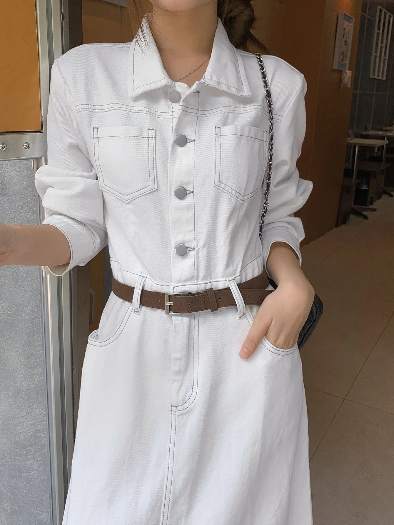 CM-DS982217 Women Casual Seoul Style Collar Neckline Long Sleeve Button Half-Placket Denim Dress - White