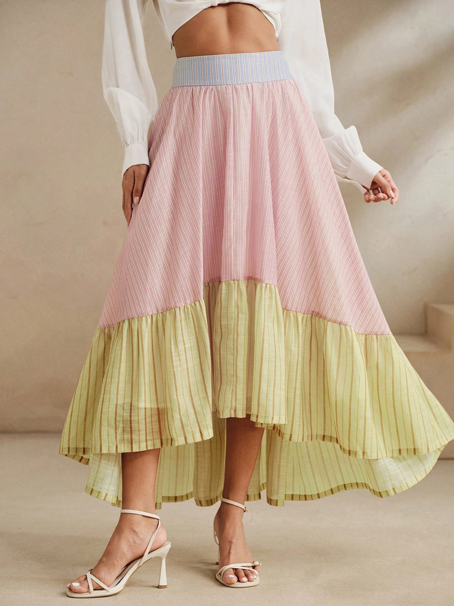 CM-BS281437 Women Tendy Bohemian Style Striped Patchwork Asymmetrical Hem High Waist Puffy A-Line Skirt
