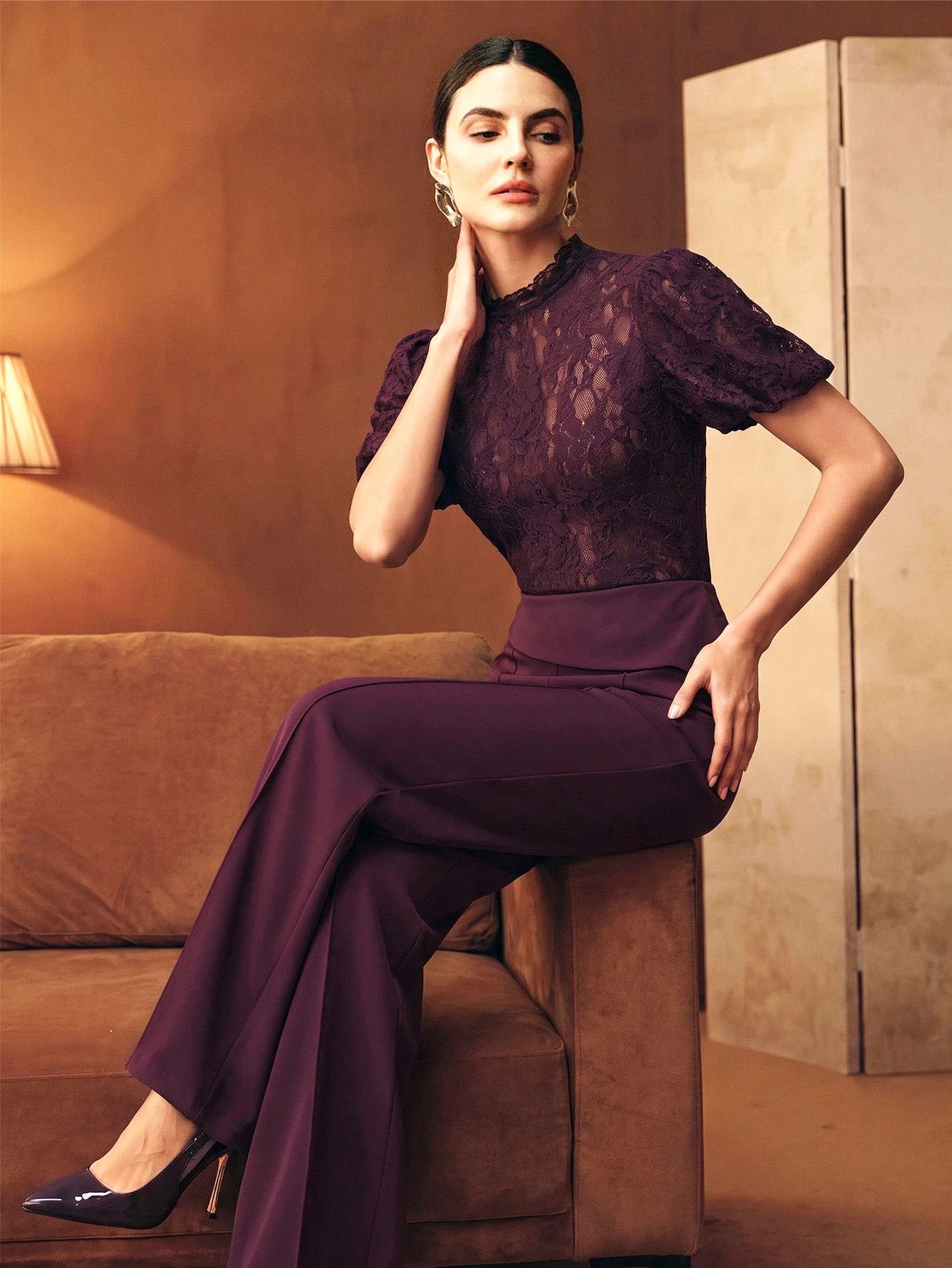 CM-TS334227 Women Elegant Seoul Style Round Neck Floral Lace Puff Short Sleeve T-Shirt - Purple
