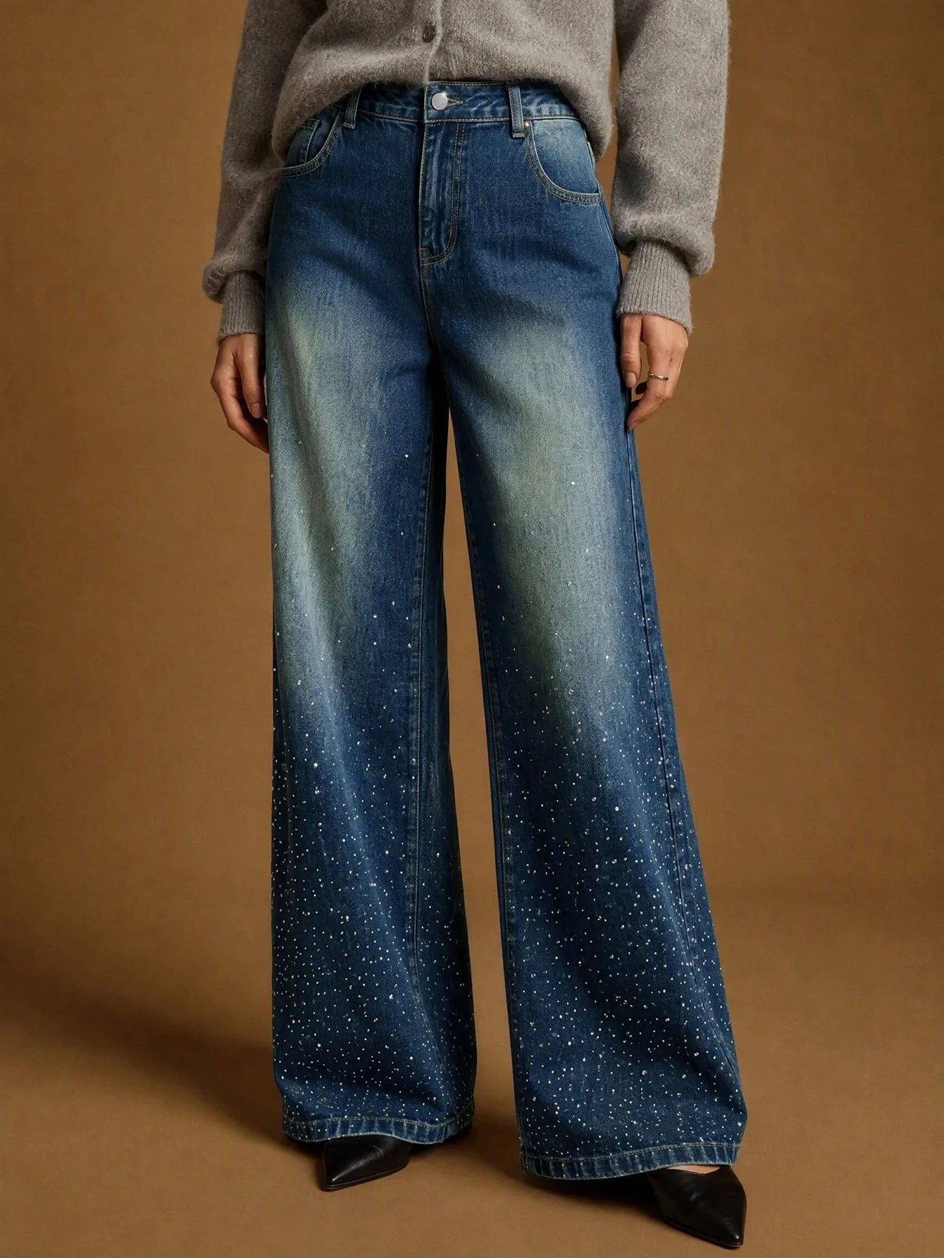 CM-BS350227 Women Elegant Seoul Style Mid Waist Rhinestone Sequin Straight Leg Long Denim Pants - Blue
