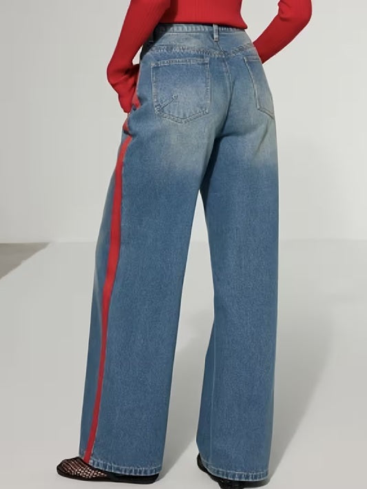 CM-BT342902 Women Casual Seoul Style Medium Wash Straight-Leg Webbing Patchwork Jeans