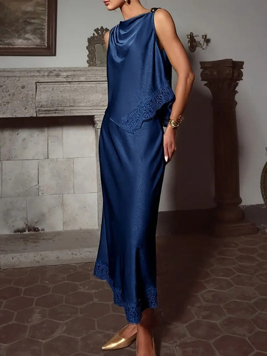 CM-ST461995 Women Elegant Seoul Style Solid Color Glossy Contrast Lace Splicing Vest With Long Skirt - Set