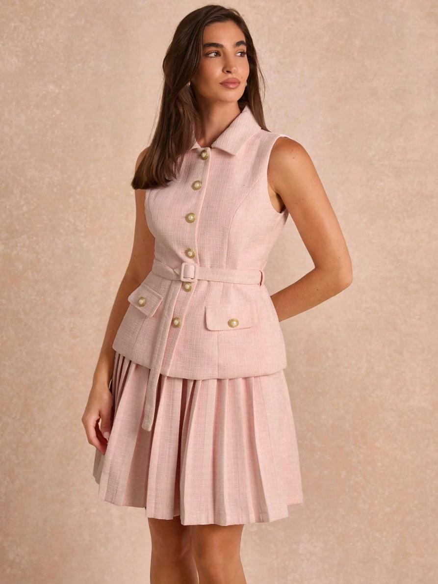 CM-SS574682 Women Elegant Seoul Style Tweed Collar Neckline Sleeveless Belted Vest With Short Pleated Skirt - Set