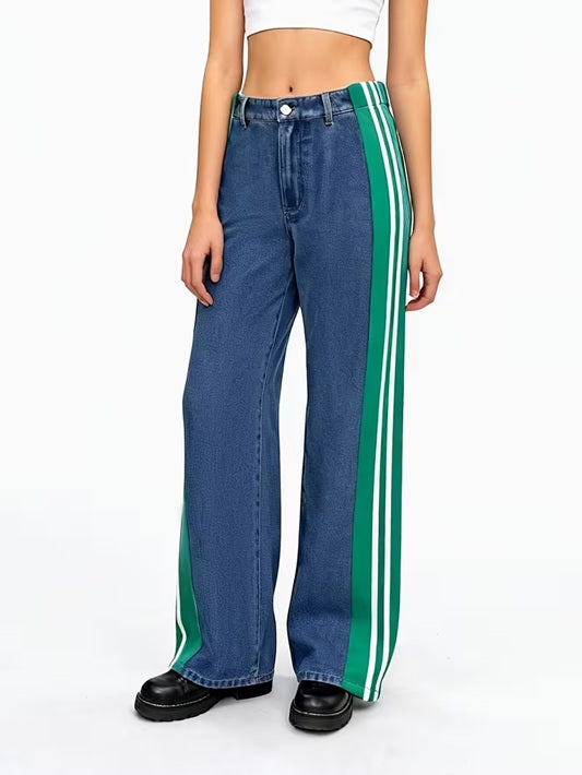 CM-BT576793 Women Casual Seoul Style Patchwork Striped High-Waist Wide-Leg Pants - Green