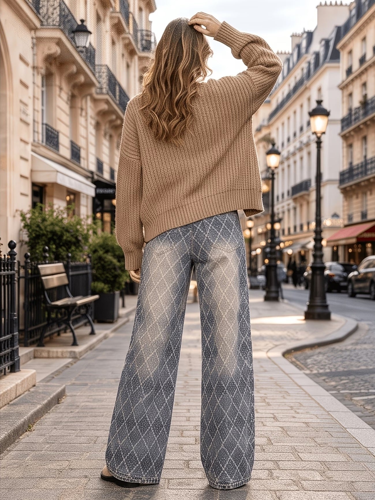 CM-BT560114 Women Casual Seoul Style Medium Wash High Waist Diamond Jacquard Floor Length Wide-Leg Jeans