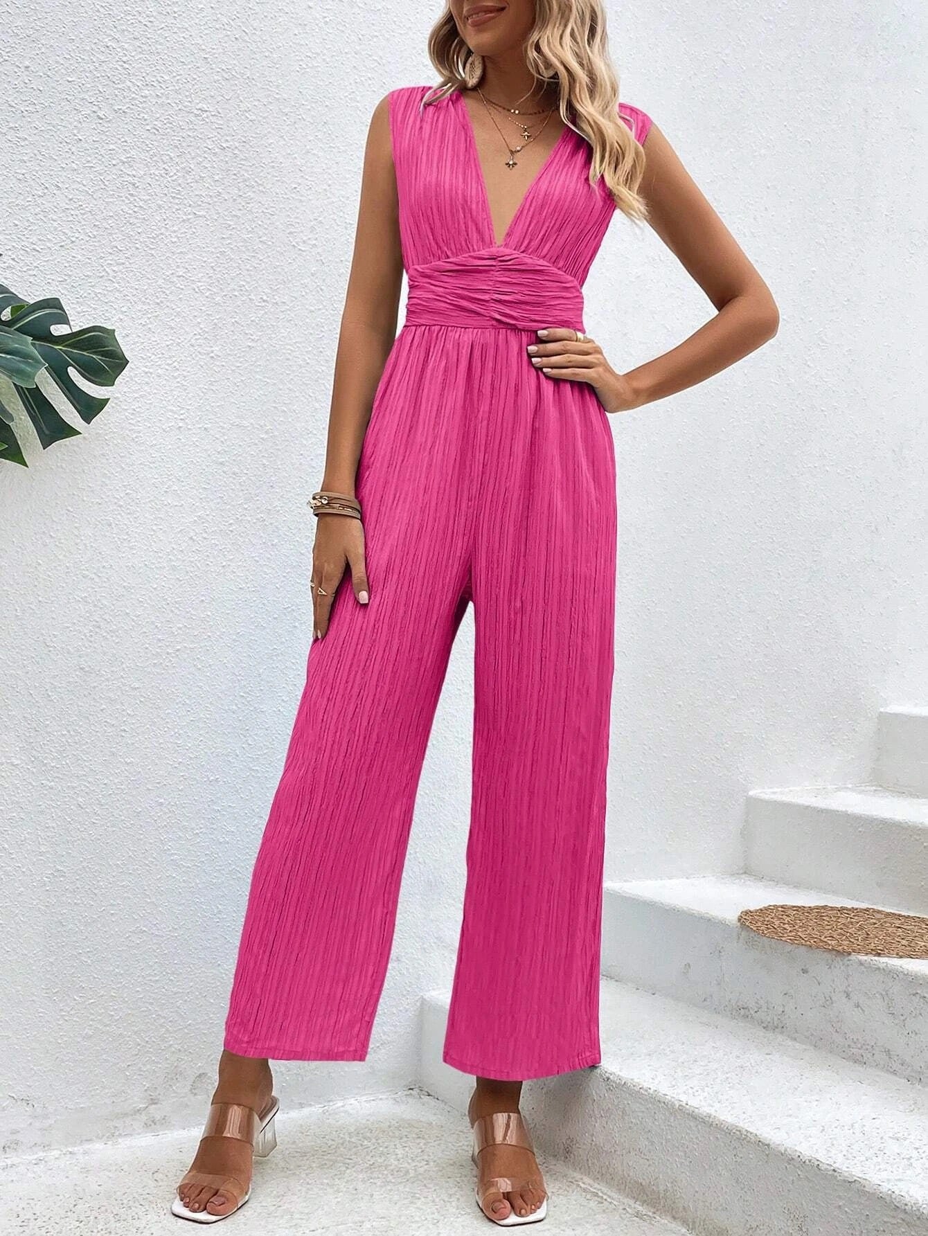 CM-JS493794 Women Casual Seoul Style Plunging Neck Tie Back Wide Leg Jumpsuit - Hot Pink