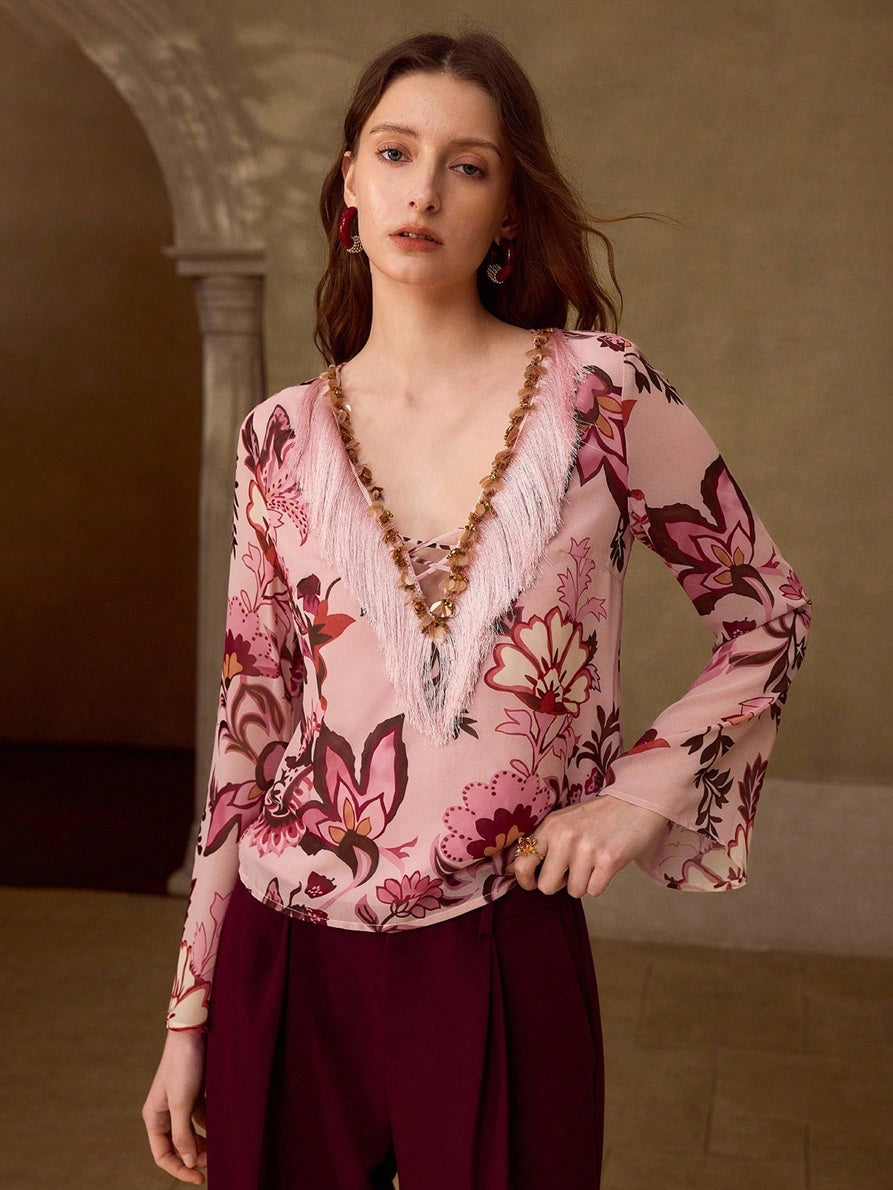 CM-TS811501 Women Trendy Bohemian Style V-Neck Flare Sleeve Floral Print Sequin Detail Tassel Top