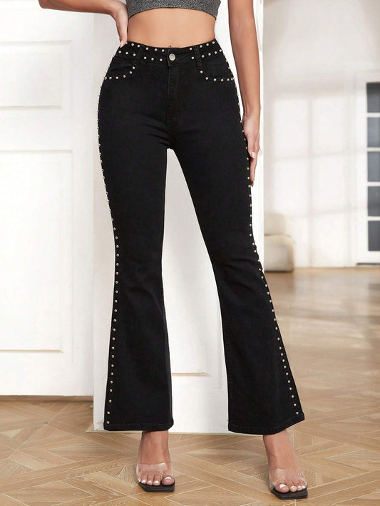 CM-BS476300 Women Elegant Seoul Style Studded Detail Flare Leg Jeans - Black