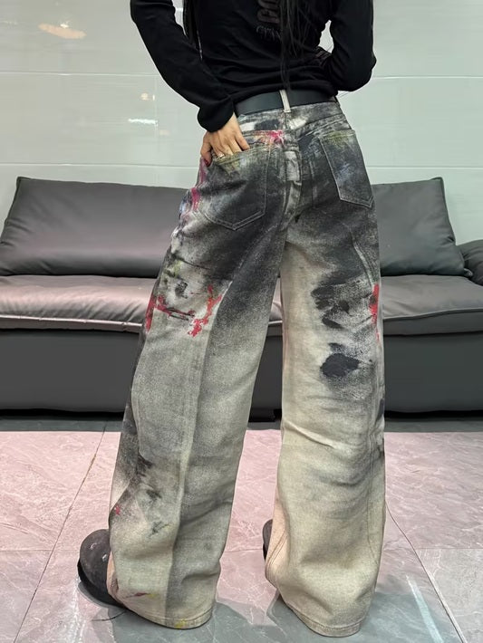 CM-BT477920 Women Casual Seoul Style Mid Waist 3D Printed Graffiti Loose-Fit Wide Leg Jeans