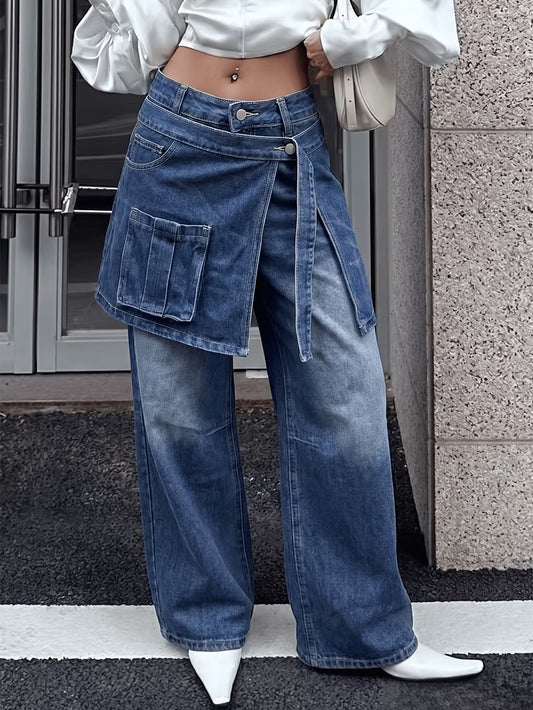 CM-BT684555 Women Casual Seoul Style Solid Color 2-in-1 Wide-Leg Jeans - Blue