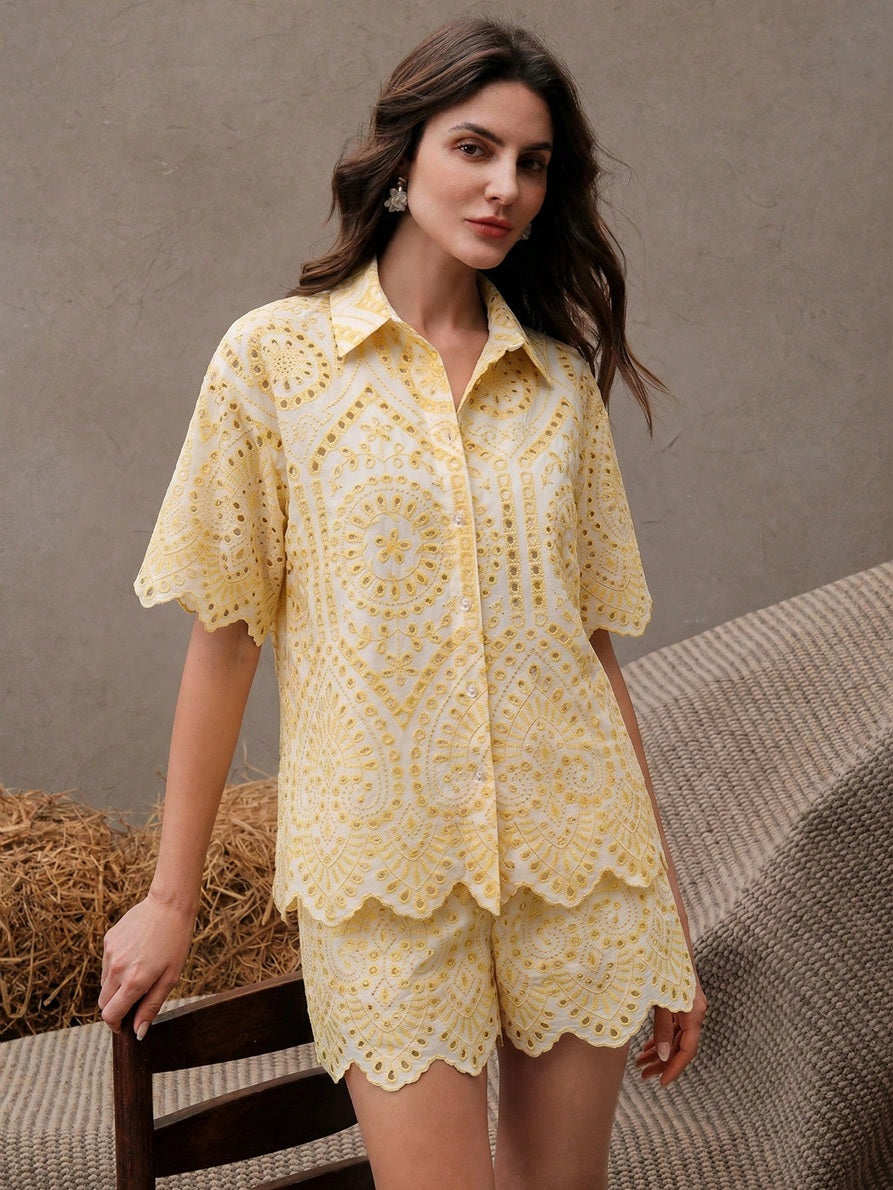 CM-SS778544 Women Trendy Bohemian Style Embroidered Hollow Out Short Sleeve Collared Shirt With Shorts - Set