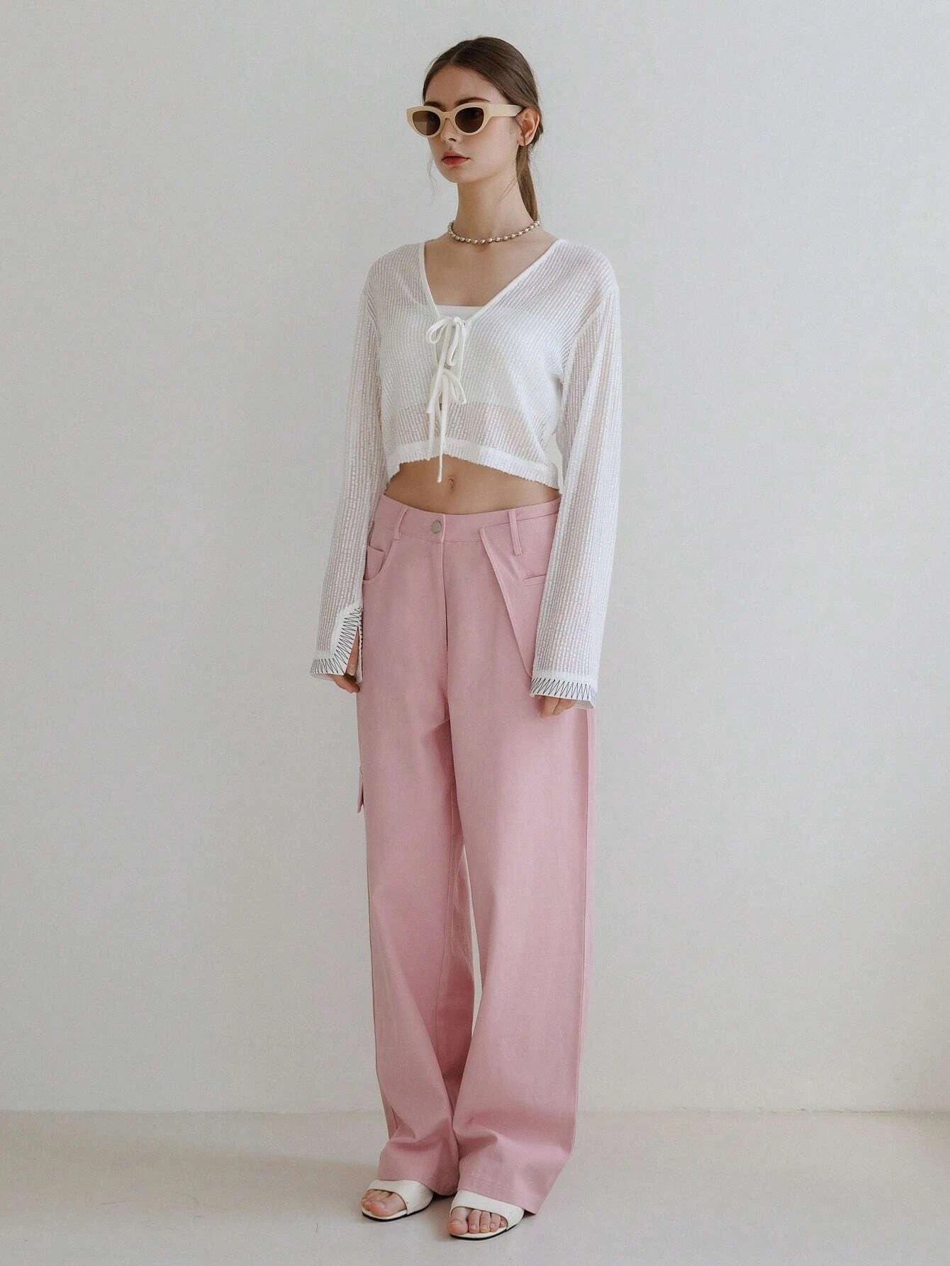 CM-BS655110 Women Casual Seoul Style Solid Flap Detail Straight Leg Pants - Pink