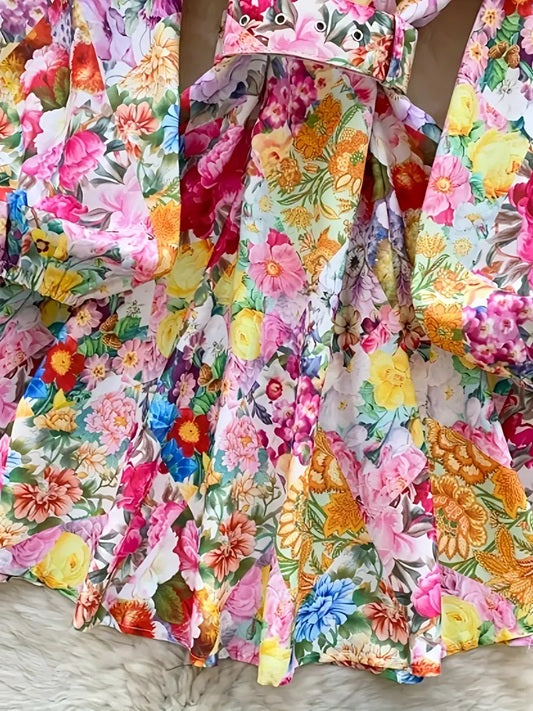 CM-DT765286 Women Elegant Seoul Style Stand Collar Lantern Sleeve Floral Print A-Line Dress