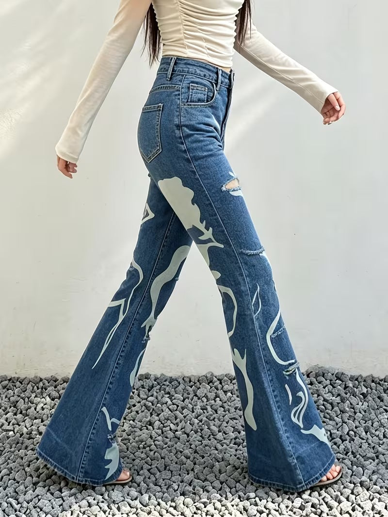 CM-BT791991 Women Casual Seoul Style Mid Waist Graffiti Print Distressed Flare Leg Jeans - Blue