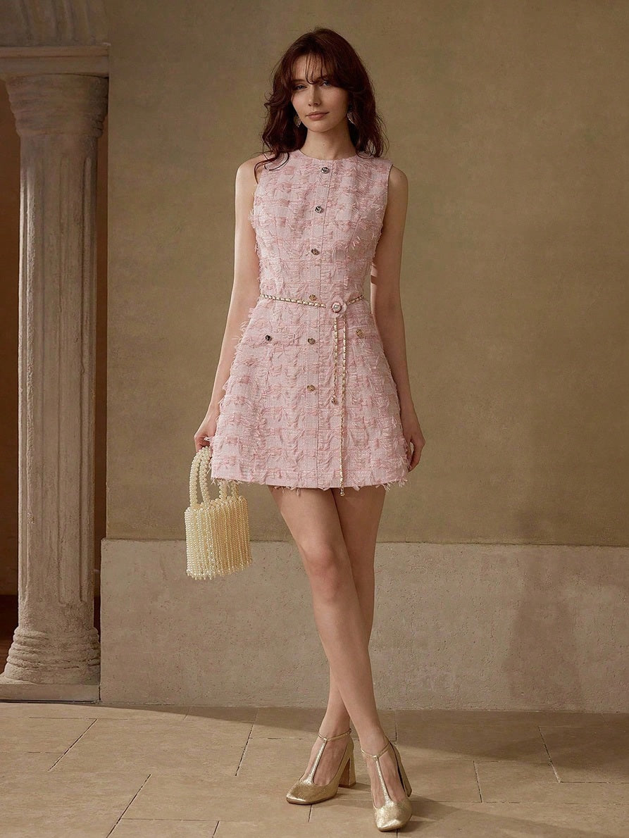 CM-DS077193 Women Elegant Seoul Style Round Neck Sleeveless Tweed Button Up Short Dress - Pink