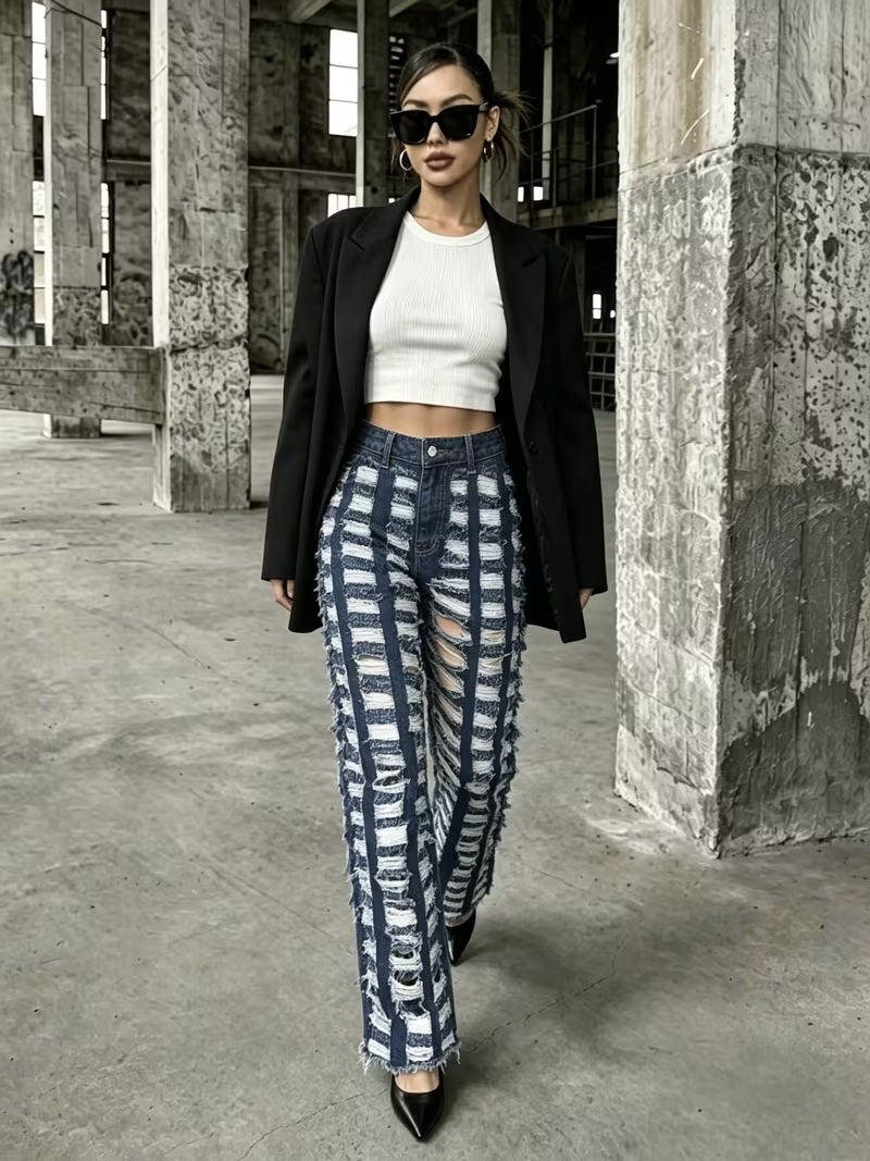 CM-BT160419 Women Casual Seoul Style Hollow-Out Street-Style Distressed Denim Jeans - Deep Blue