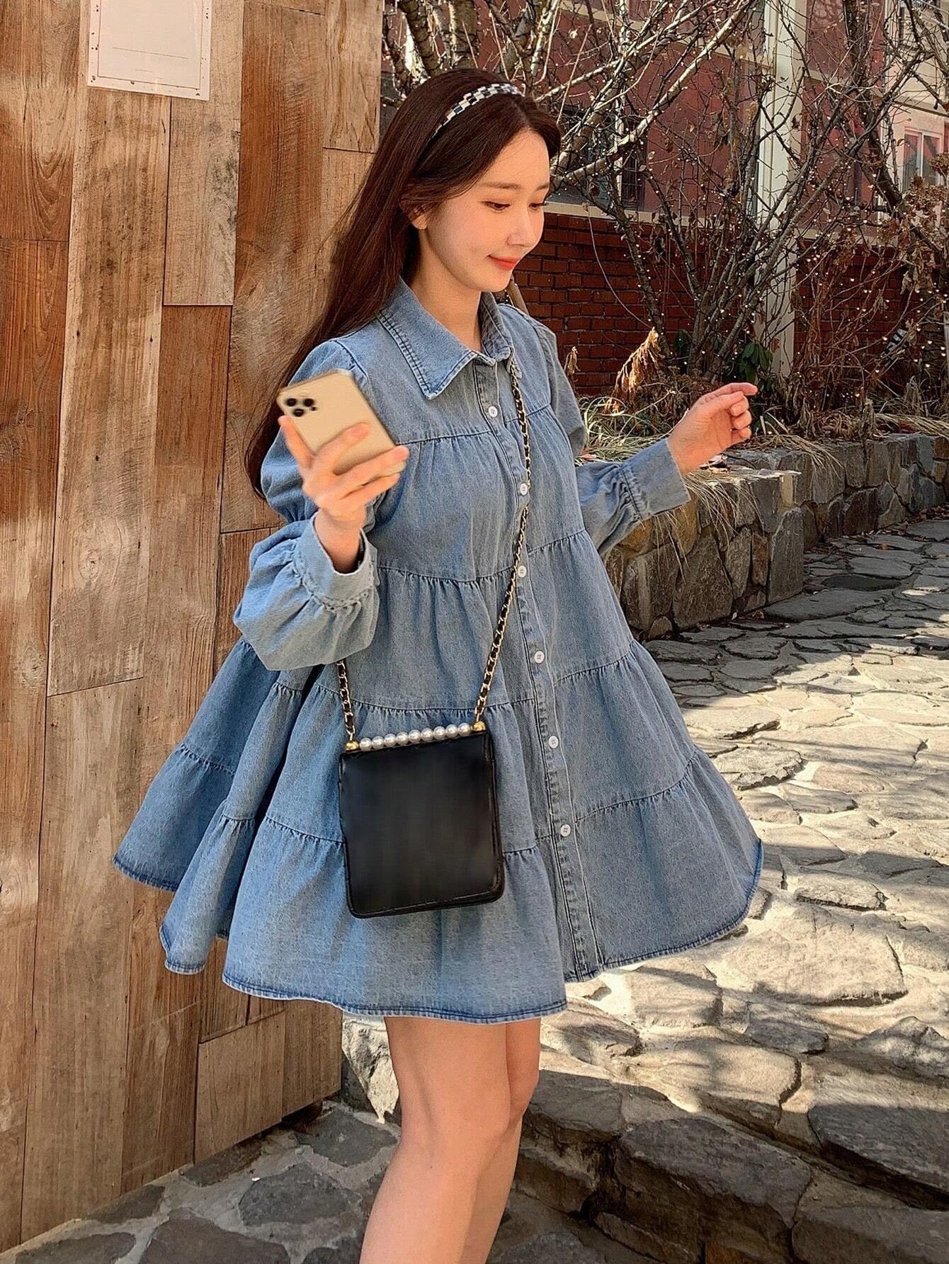 CM-DS025753 Women Preppy Seoul Style Solid Button Front Layered Hem Smock Denim Dress