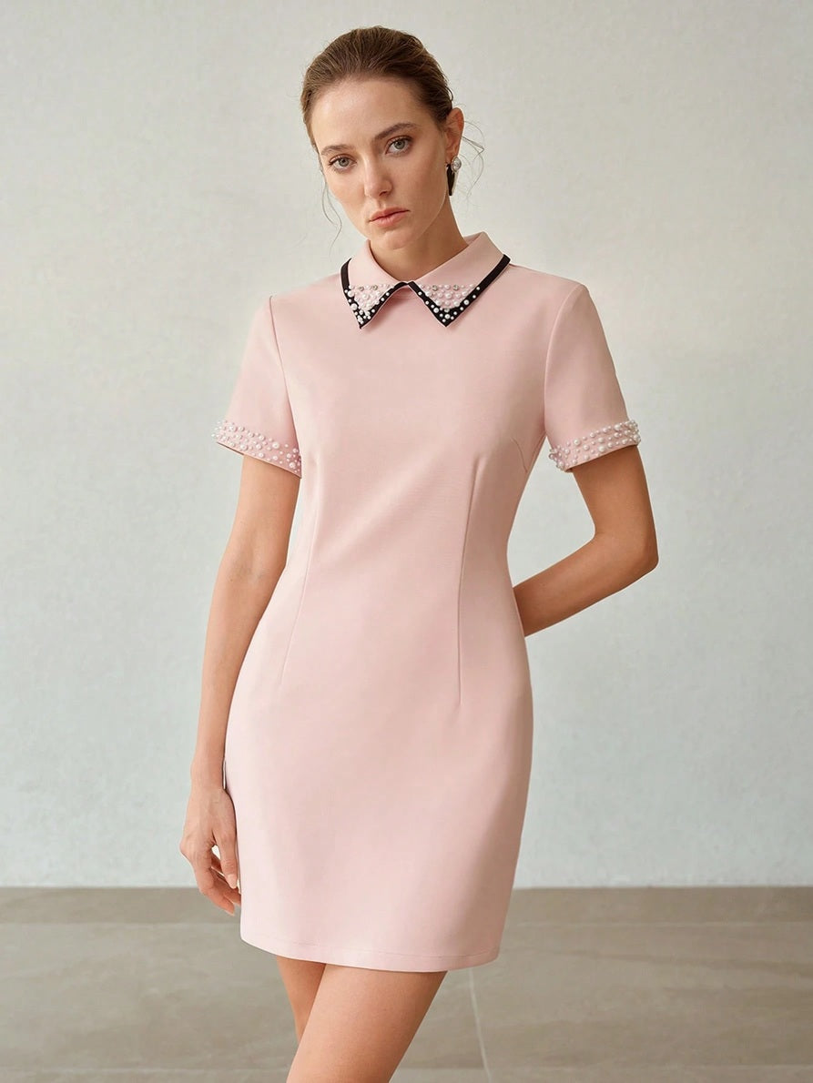 CM-DS438295 Women Elegant Seoul Style Collar Neckline Short Sleeve Minimalist Mini Dress - Pink
