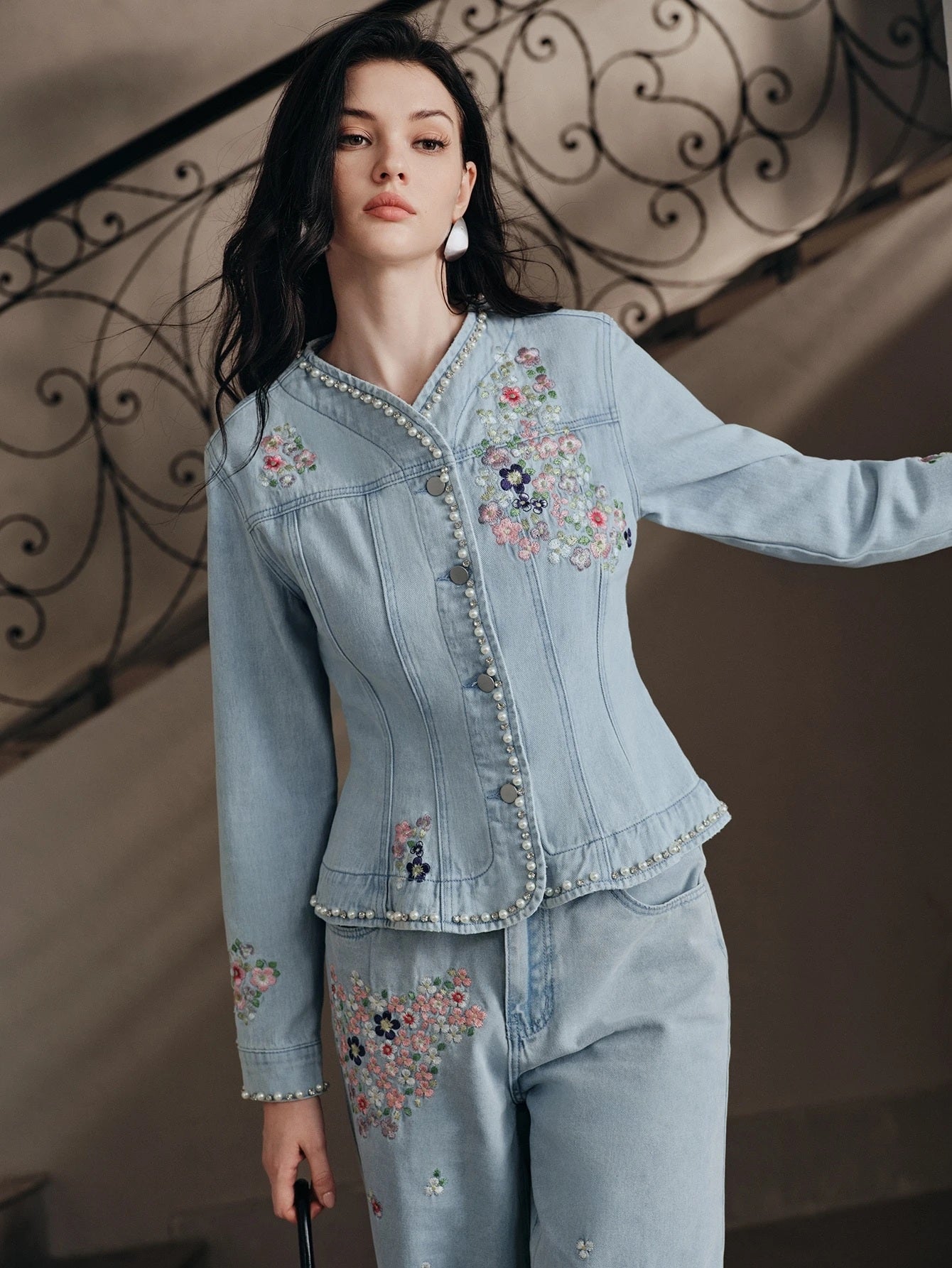 CM-CS891801 Women Elegant Seoul Style Stand Collar Long Sleeve Floral Embroidery Slim Fit Jacket - Blue