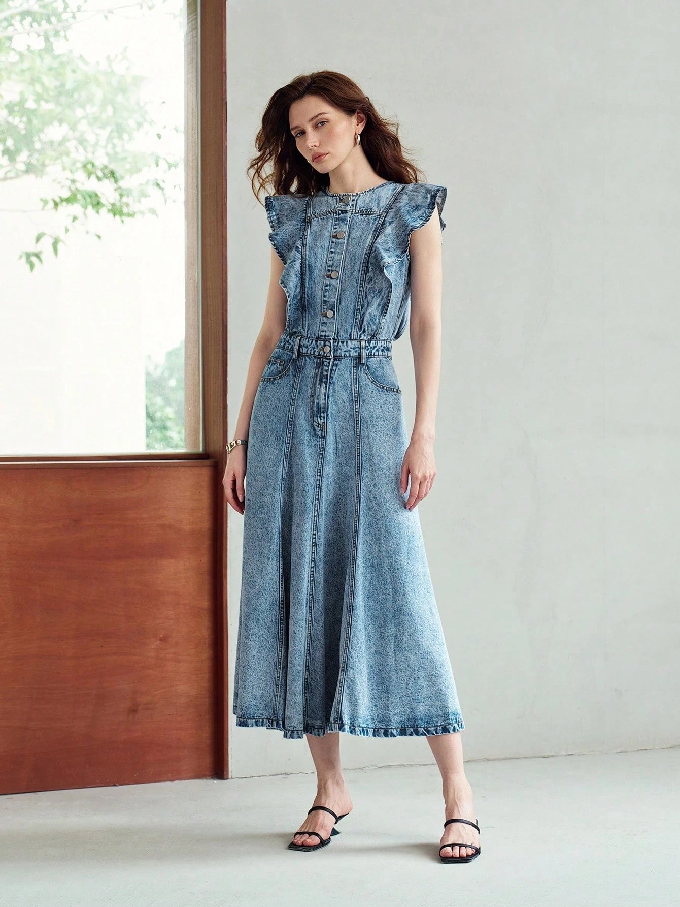 CM-DS145343 Women Elegant Seoul Style Round Neck Sleeveless Ruffle Trim Mid-Length Denim Dress - Blue