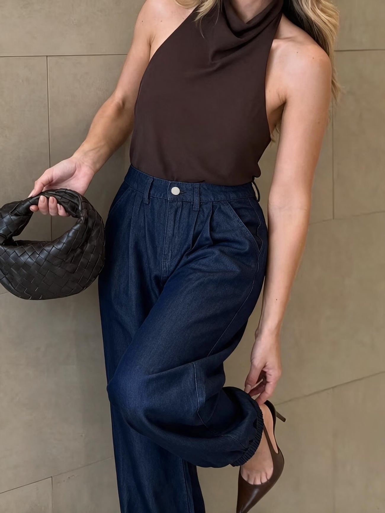 CM-BT326409 Women Casual Seoul Style High-Waist Pleated Loose Wide-Leg Cuffed Lantern Jeans - Dark Blue