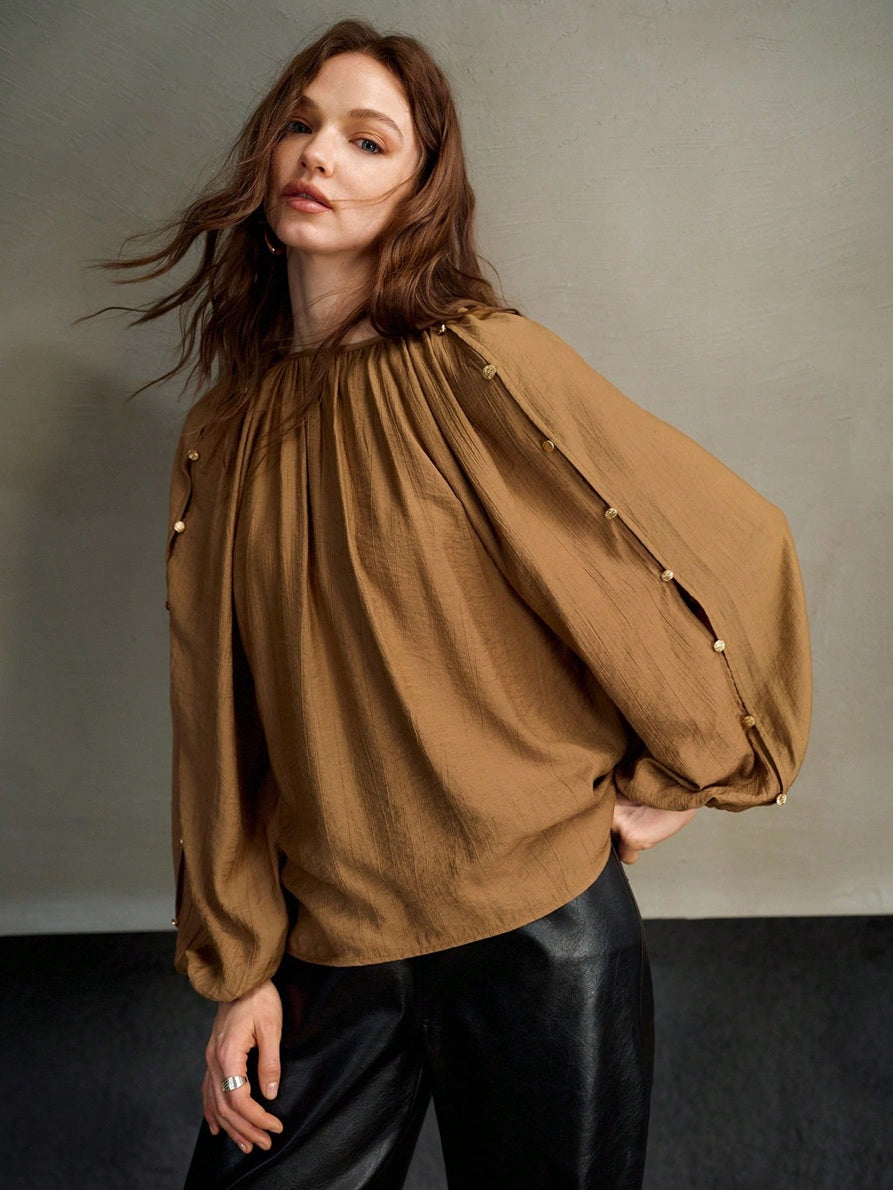 CM-TS875318 Women Elegant Seoul Style Round Neck Bishop Sleeve Linen Blend Metal Button Decor Oversized Top - Khaki