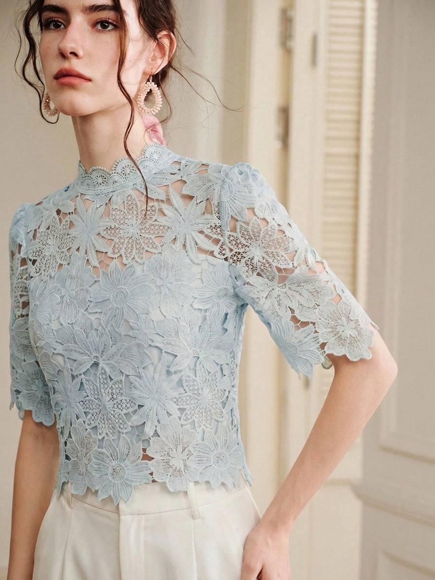 CM-TS859130 Women Elegant Seoul Style Collar Lace Cropped Floral Hollow Out Puff Sleeve Top - Dusty Blue