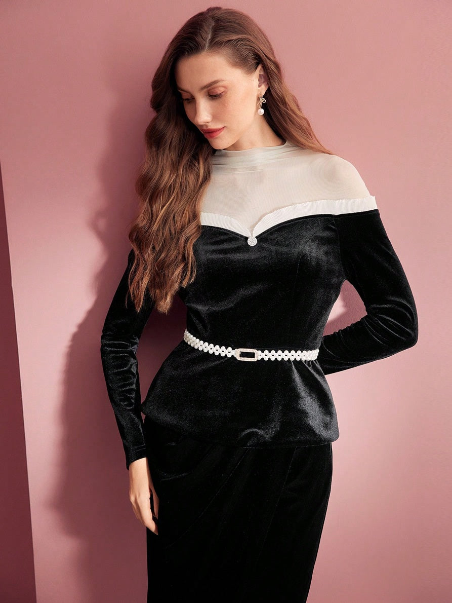 CM-TS319944 Women Elegant Seoul Style Stand Collar Long Sleeve Colorblock Contrast Mesh Velvet Top
