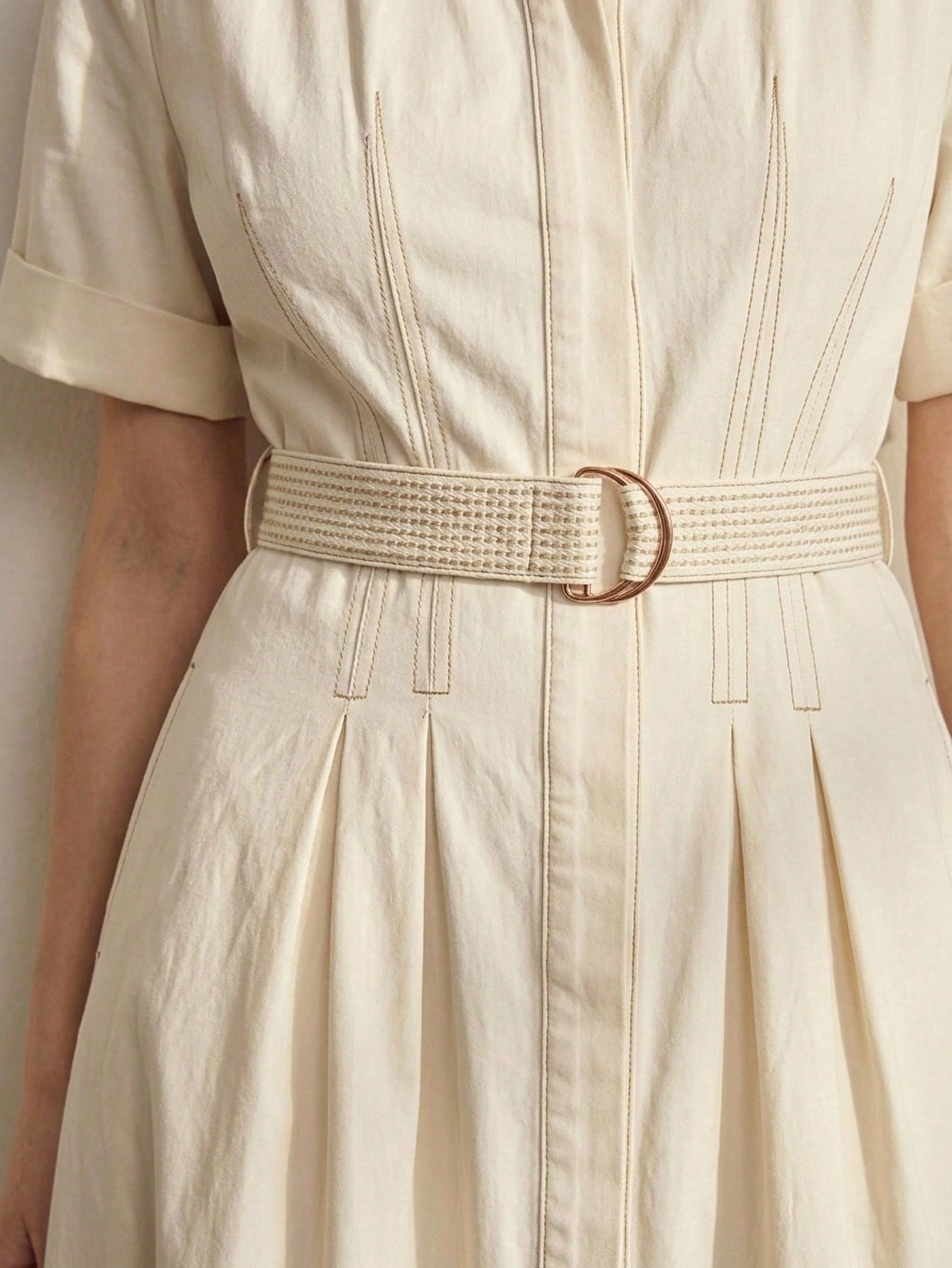 CM-DS359479 Women Elegant Seoul Style Collar Neckline Roll Up Sleeve High Waist Fitted Denim Dress - White