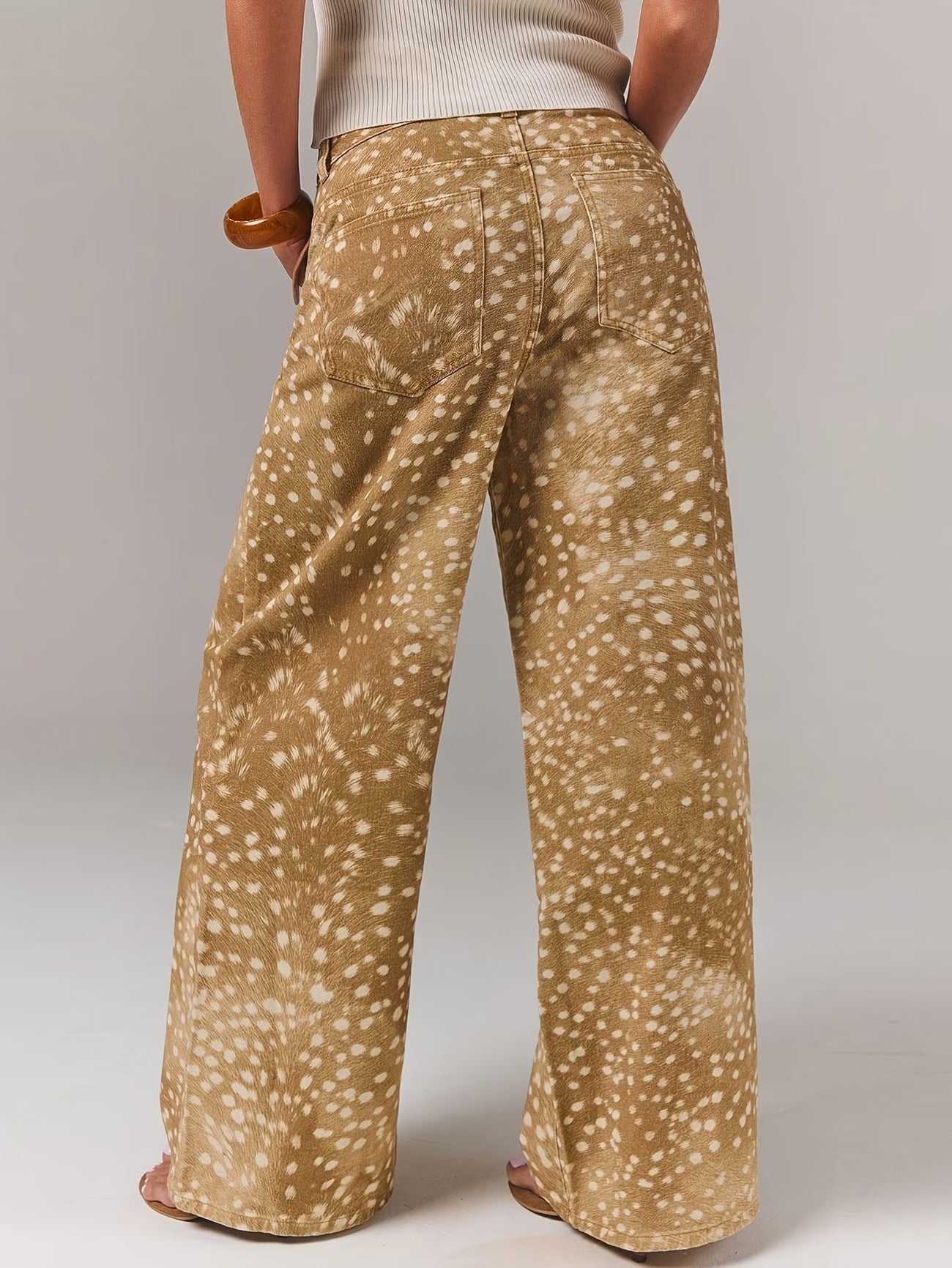 CM-BT263623 Women Casual Seoul Style High Waisted Draped Speckled All-Over Print Wide Leg Denim Jeans