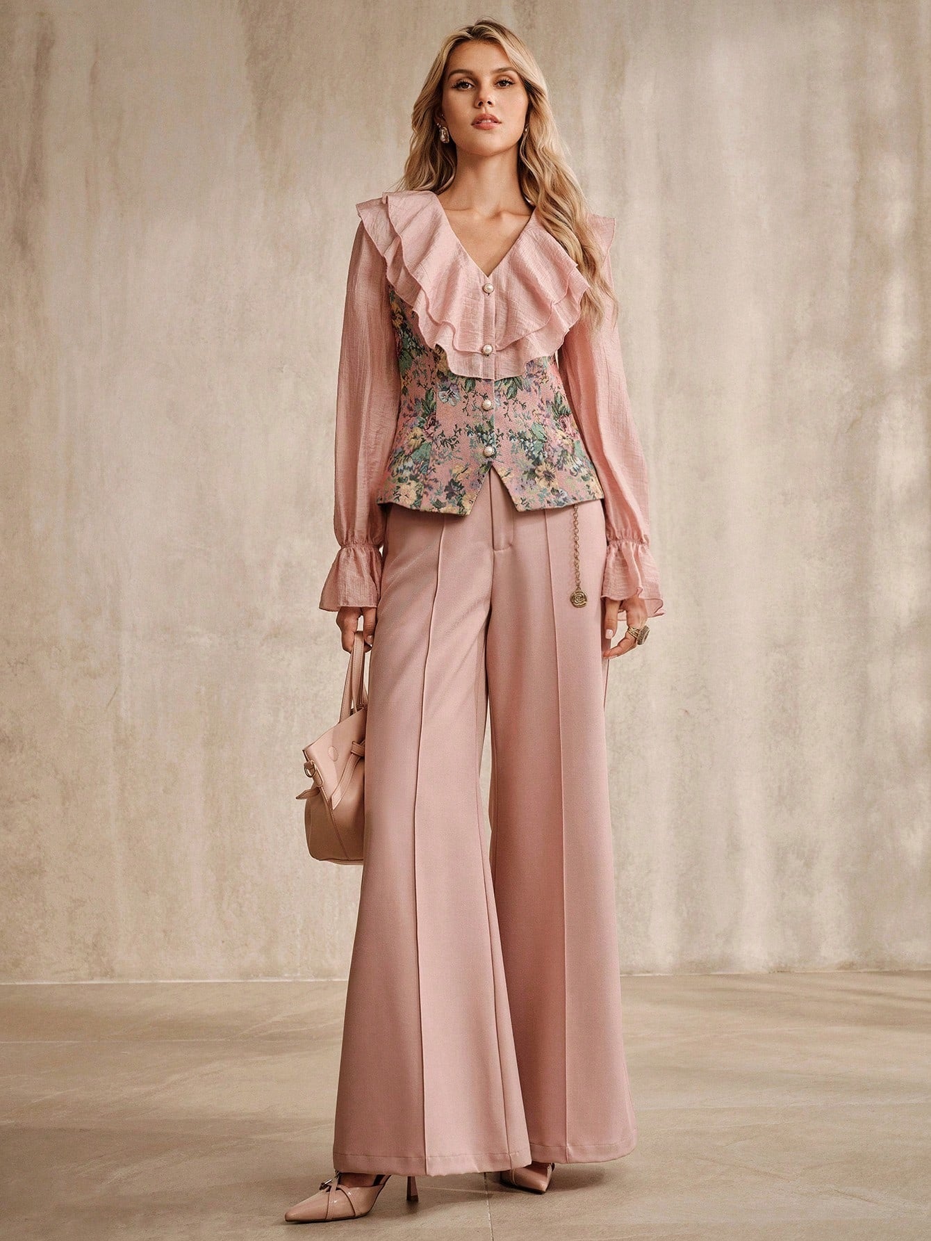 CM-TS258519 Women Elegant Seoul Style Flounce Collar Extra Long Sleeve Ruffle Blouse - Pink