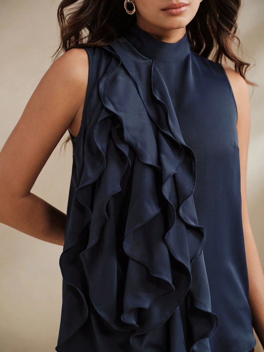 CM-TS898028 Women Elegant Seoul Style High Neck Sleeveless Multi-Layer Ruffle Asymmetric Tank Top - Navy Blue
