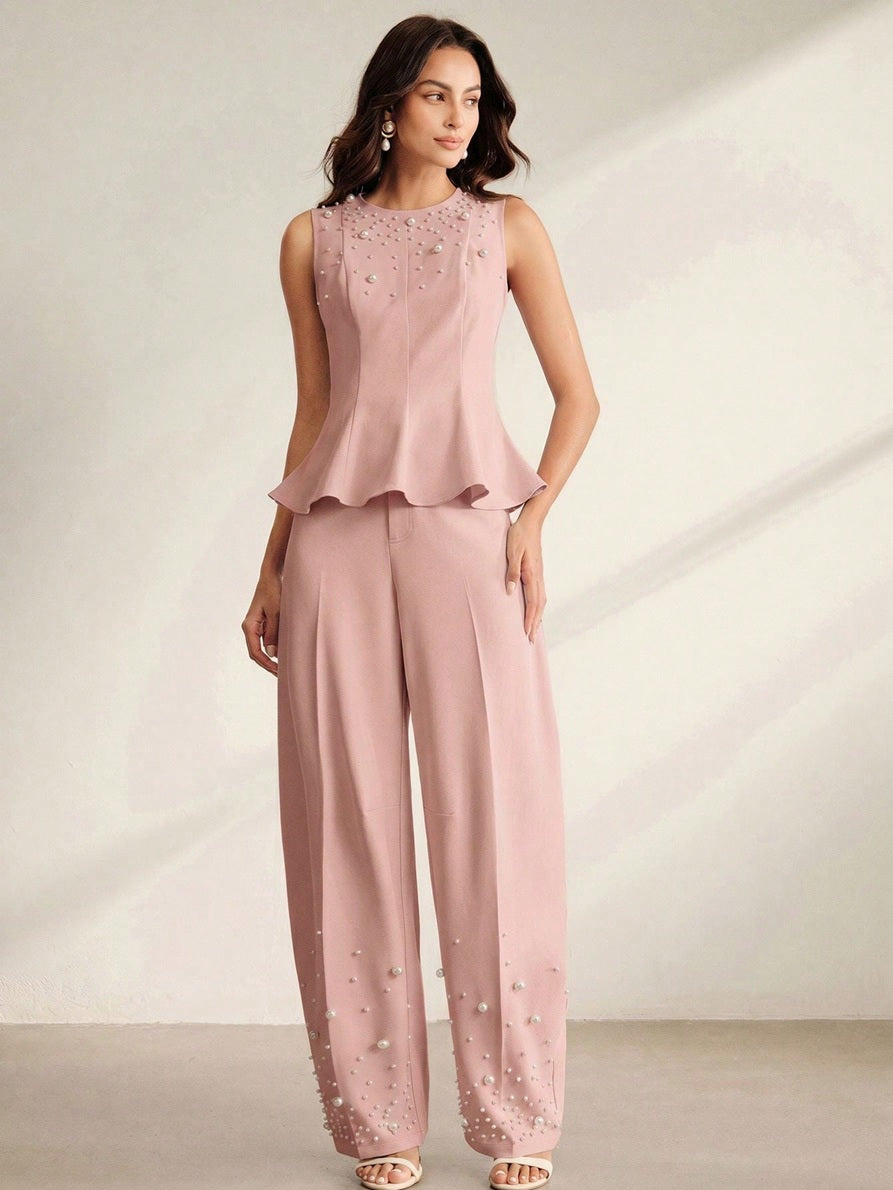 CM-SS652681 Women Elegant Seoul Style Round Neck Sleeveless Beaded Ruffle Hem Blouse With Tapered Trousers - Set