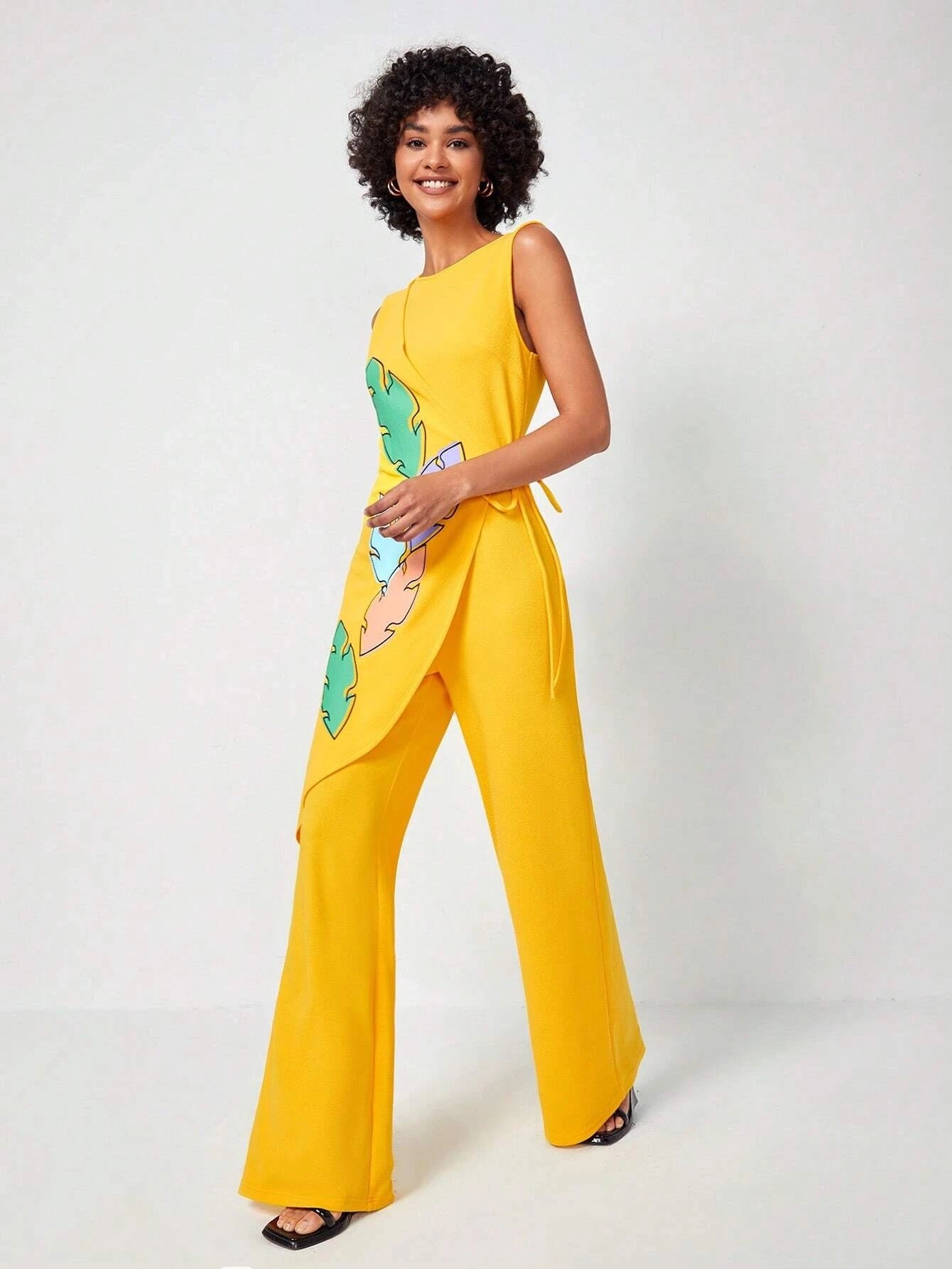 CM-JS322230 Women Elegant Seoul Style Leaf Print Knot Side Wrap Hem Tank Jumpsuit