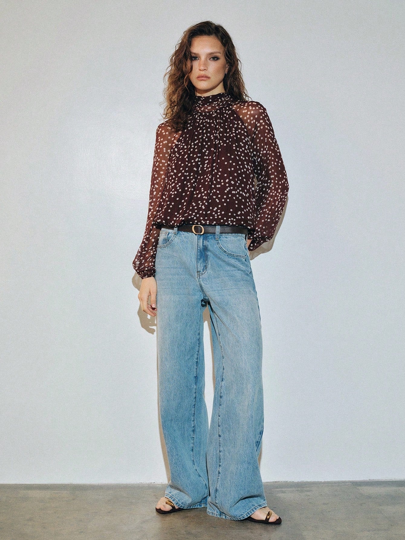 CM-TS223440 Women Elegant Seoul Style Bow Tie Long Sleeve Polka Dot Chiffon Loose Fit Blouse - Coffee Brown