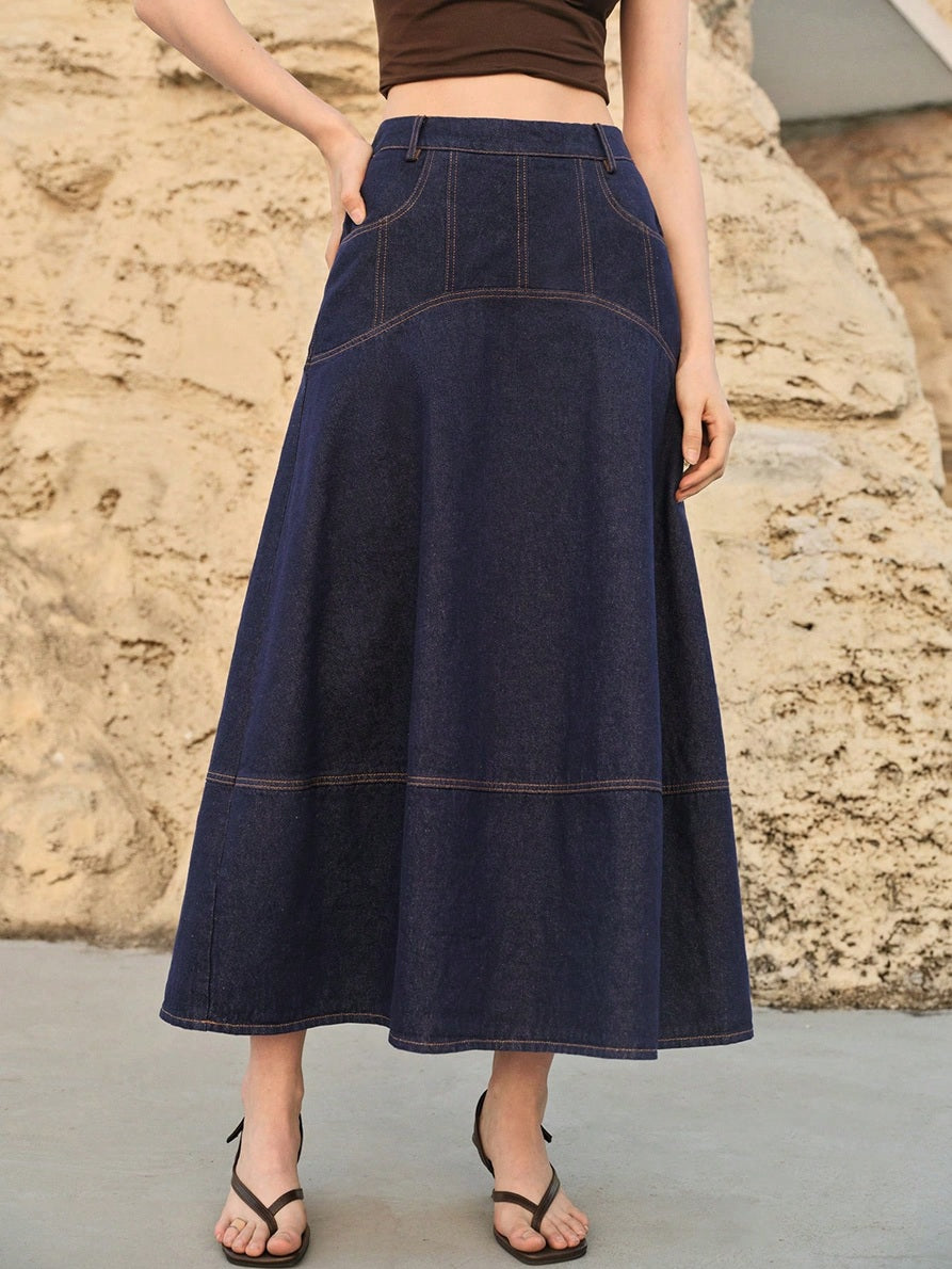 CM-BS331725 Women Casual Seoul Style Mid Waist Slant Pocket A-Line Long Denim Skirt - Navy Blue