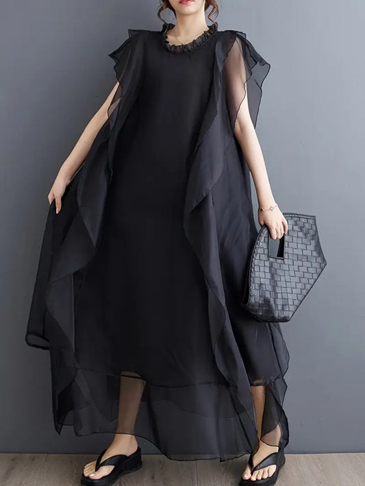 CM-DT040135 Women Elegant Seoul Style Round Neck Double Layer Organza Mesh Sleeveless Ruffle Trim Dress - Black