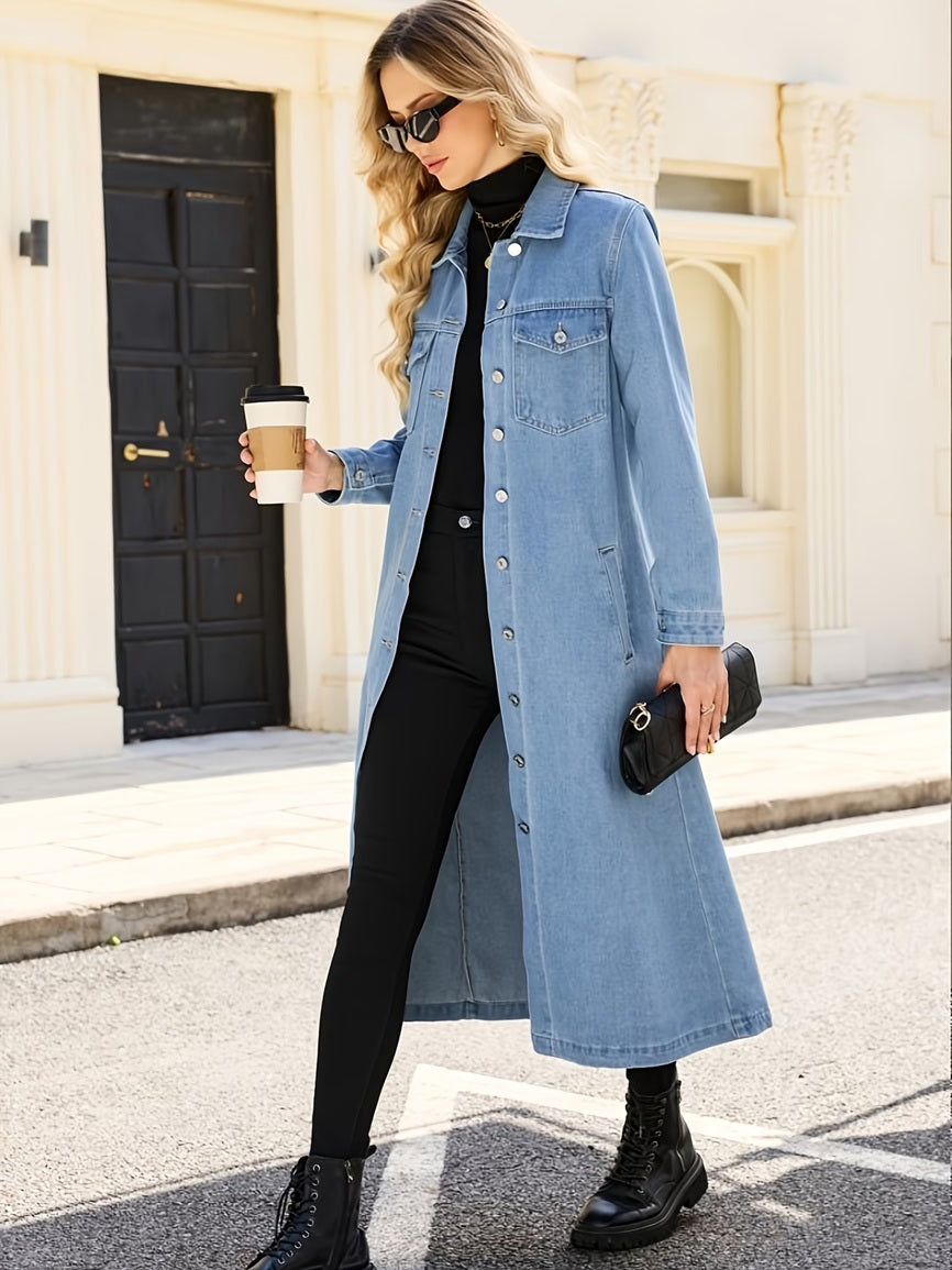 CM-CT178953 Women Casual Seoul Style Lapel Neckline Long Sleeve Knee Extended Shirt Denim Jacket - Sky Blue