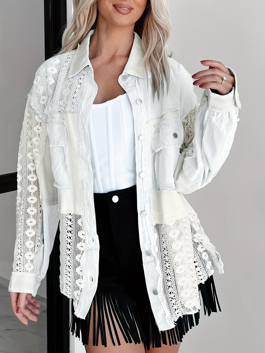 CM-CT904457 Women Casual Seoul Style Lace Patchwork Colorblock Long Sleeve Denim Jacket - White