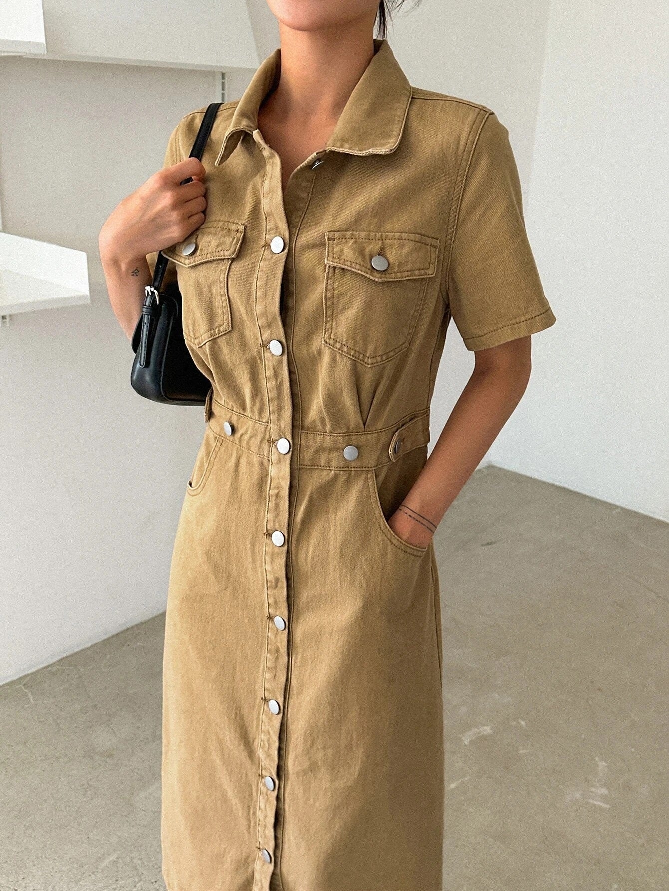 CM-DS708887 Women Preppy Seoul Style Flap Pocket Button Front Shirt Denim Dress