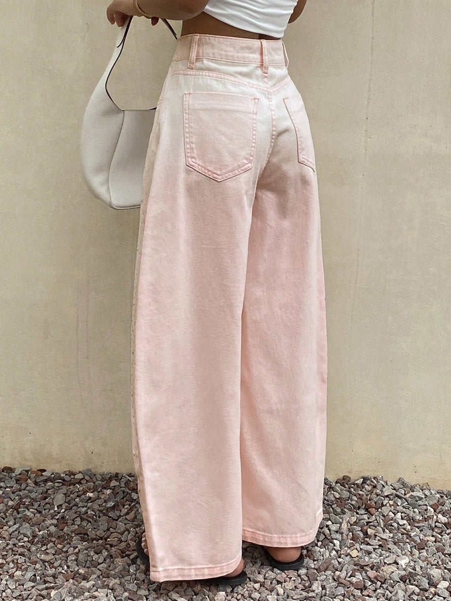 CM-BS344032 Women Casual Seoul Style Rhinestone Curved Leg Loose Long Denim Pants - Pink