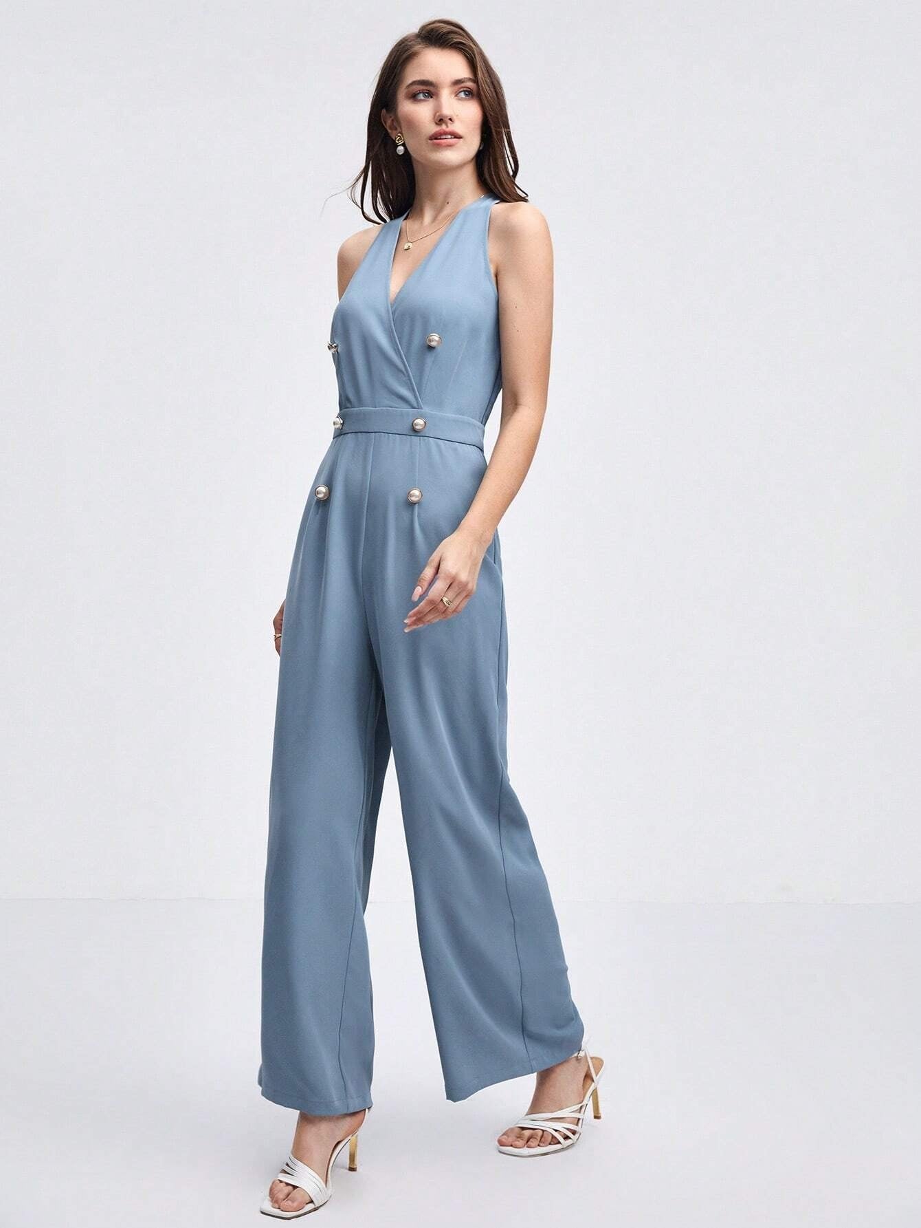 CM-JS581906 Women Elegant Seoul Styel Double Breasted Wide Leg Jumpsuit - Dusty Blue
