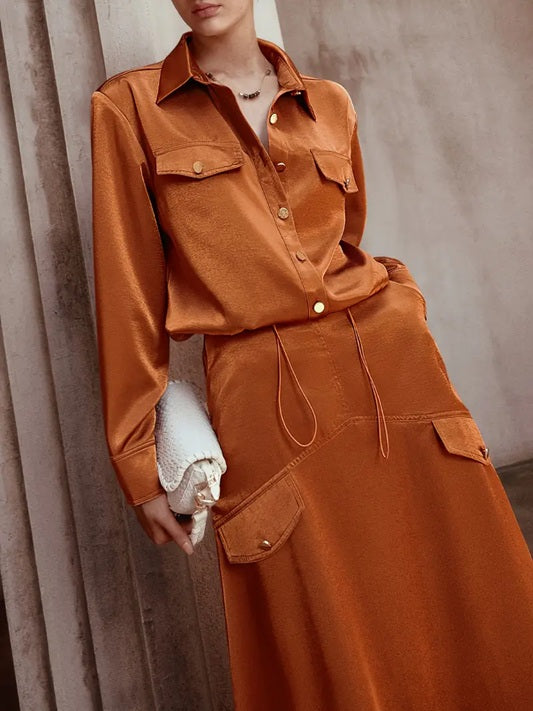 CM-ST351276 Women Elegant Seoul Style Solid Color Front Button Long Sleeve Drawstring Top With Maxi Skirt - Set